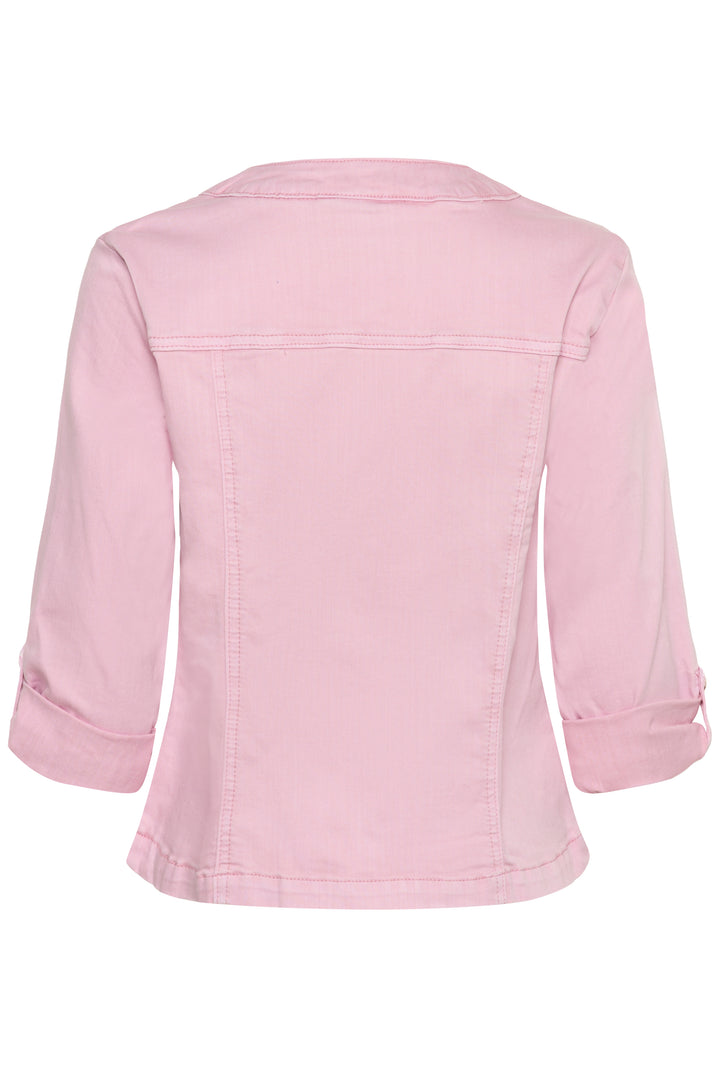 Vue arrière de la Veste en jean Visti rose, coupe ajustée avec manches pliées, pour un look féminin et actuel.