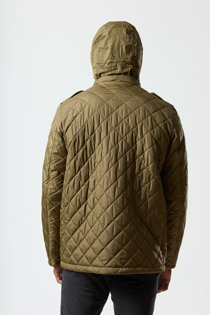 Quilted jacket with stowable hood