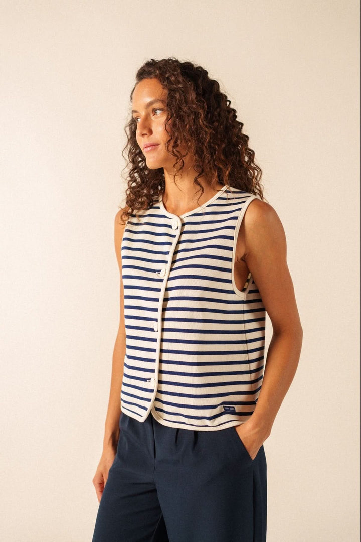 Veste rayée GOUVILLE sans manches, moderne, coupe droite, fermeture boutonnée, idéale pour l&