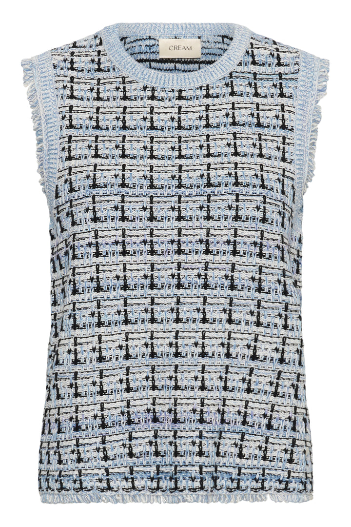 Veste sans manches Over en maille texturée bleue avec motif structuré et finitions effilochées, coupe droite moderne.