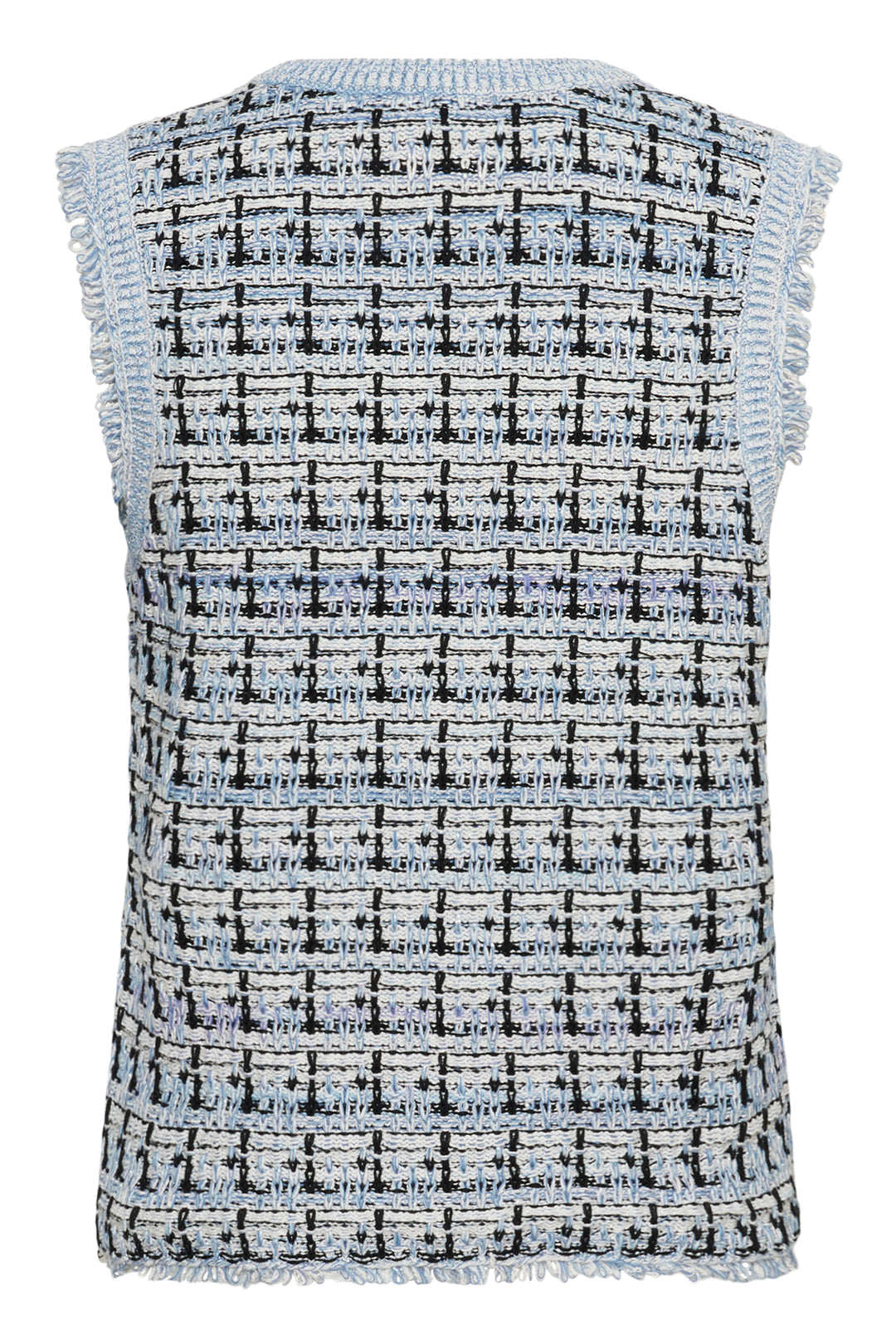 Veste sans manches Over en maille texturée avec motif structuré et finitions effilochées, vue arrière.