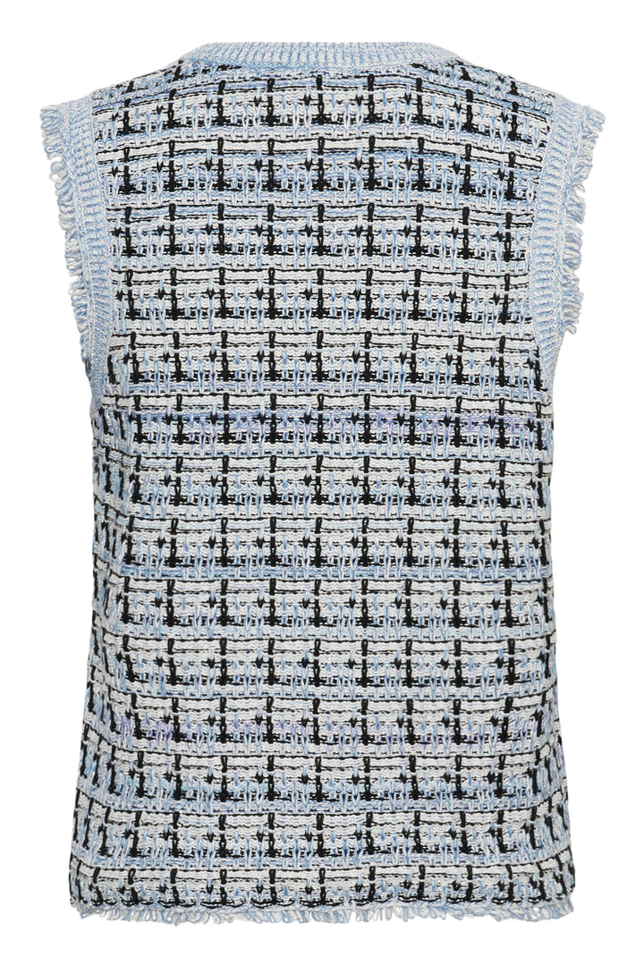 Veste sans manches Over en maille texturée avec motif structuré et finitions effilochées, vue arrière.