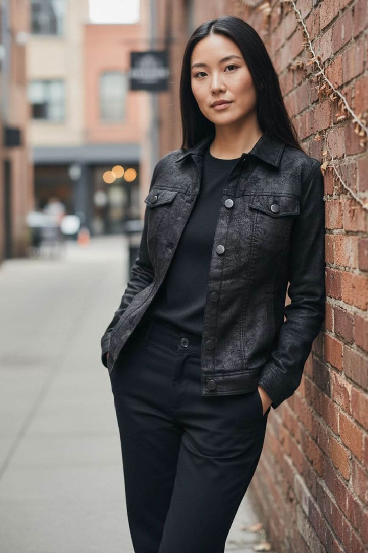 Femme portant une veste suédé moderne avec coupe structurée et poches plaquées, idéale pour un style épuré et contemporain.