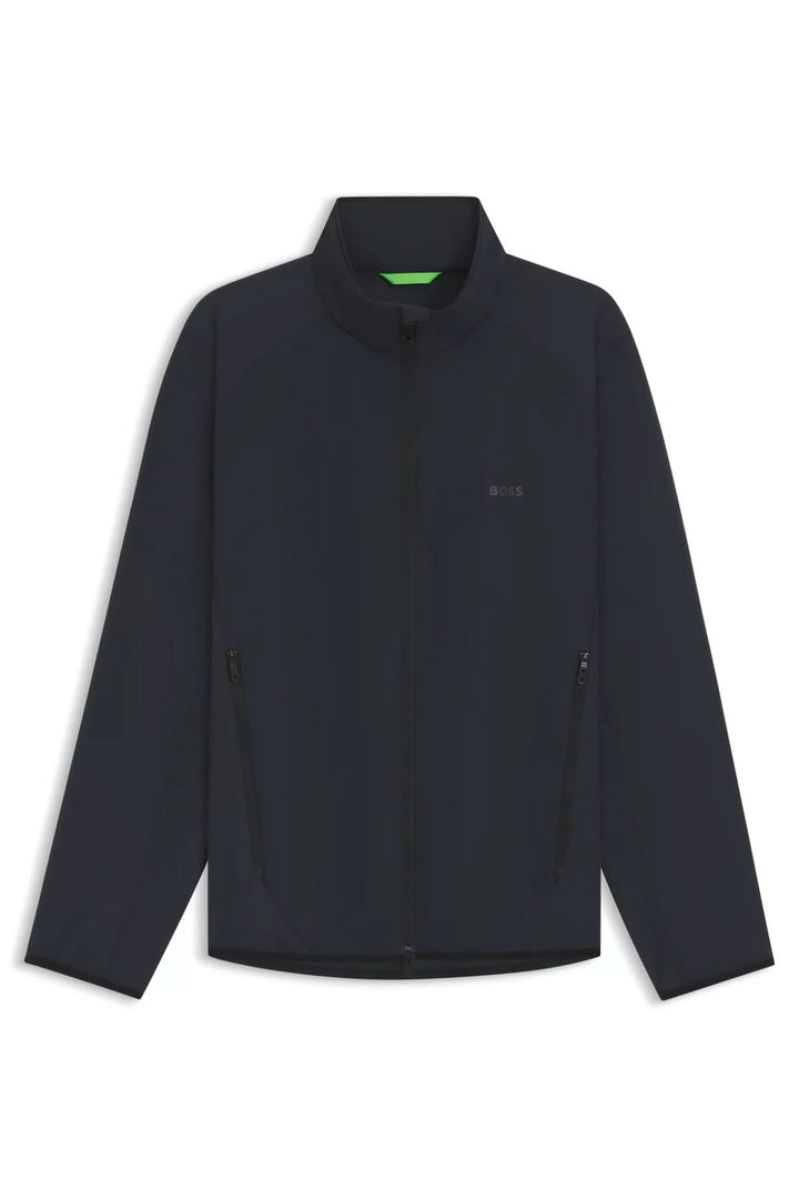 Veste urbaine légère avec col montant, fermeture éclair, tissu déperlant, coupe ajustée et finition mate.