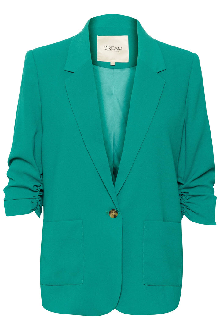 Veston Cocamia vert, style décontracté pour femme, coupe structurée et poches avant.
