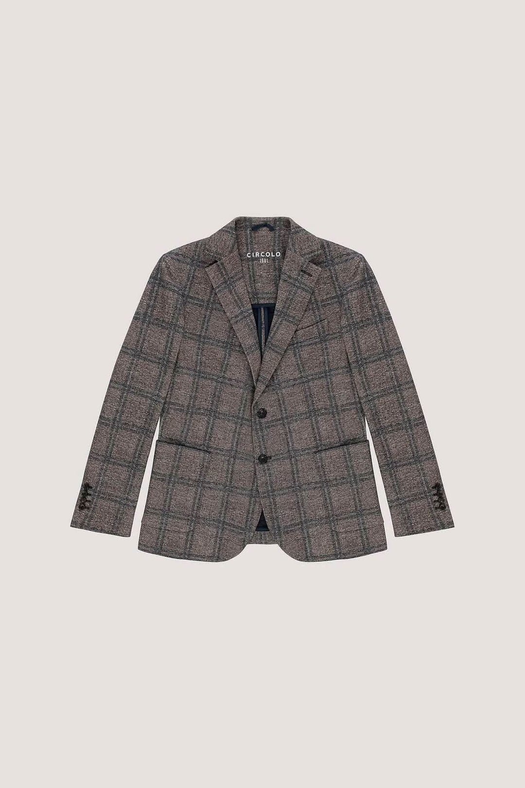 Veston à carreaux coton extensible avec deux boutons, revers crantés et poches plaquées, élégant et moderne pour un style raffiné.