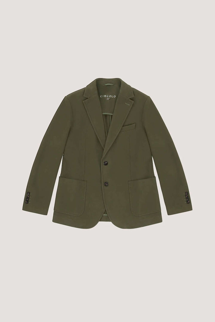 Veston extensible de coton doux avec col à revers, fermeture à deux boutons en corne, coupe élégante pour homme moderne.