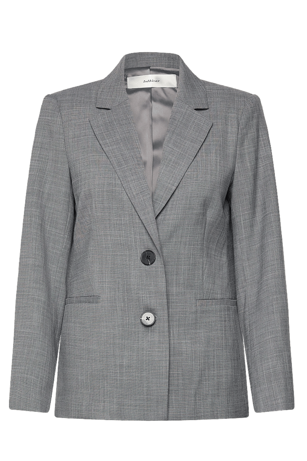 Veston tailleur structurée Cadie en gris, coupe droite élégante avec deux boutons, parfait pour tenue professionnelle ou décontractée.