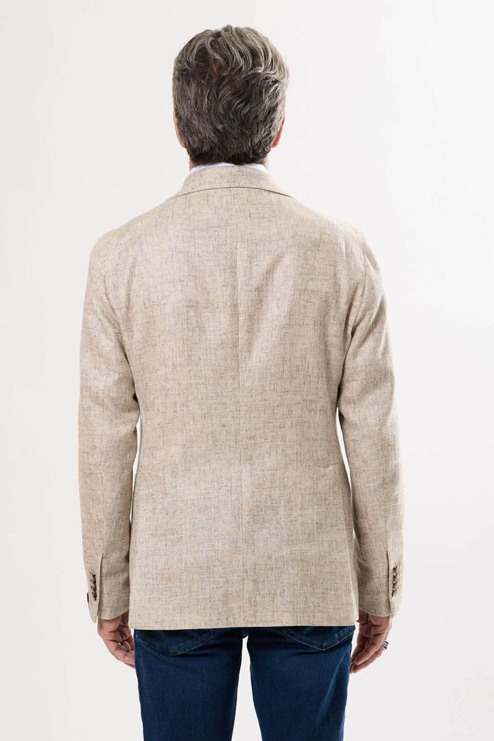 Veston texturé d'été vu de dos, couleur beige, classique et élégant pour un look estival.