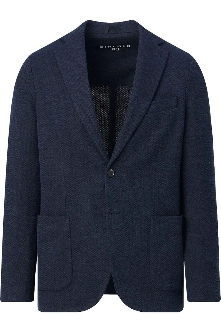 Veston texturé extensible bleu marine en jersey de coton par Circolo 1901, élégance décontractée avec finitions modernes et minimalistes.