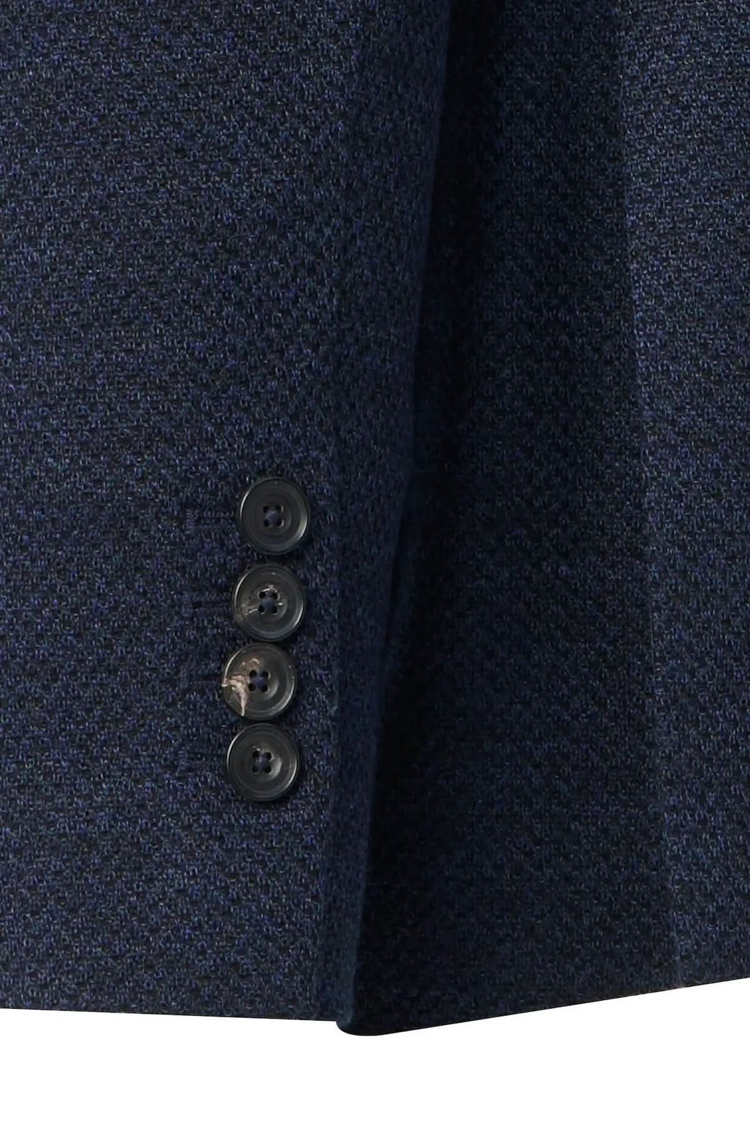 Veston texturé extensible en jersey de coton bleu marine avec texture subtile et boutons noirs pour élégance décontractée.