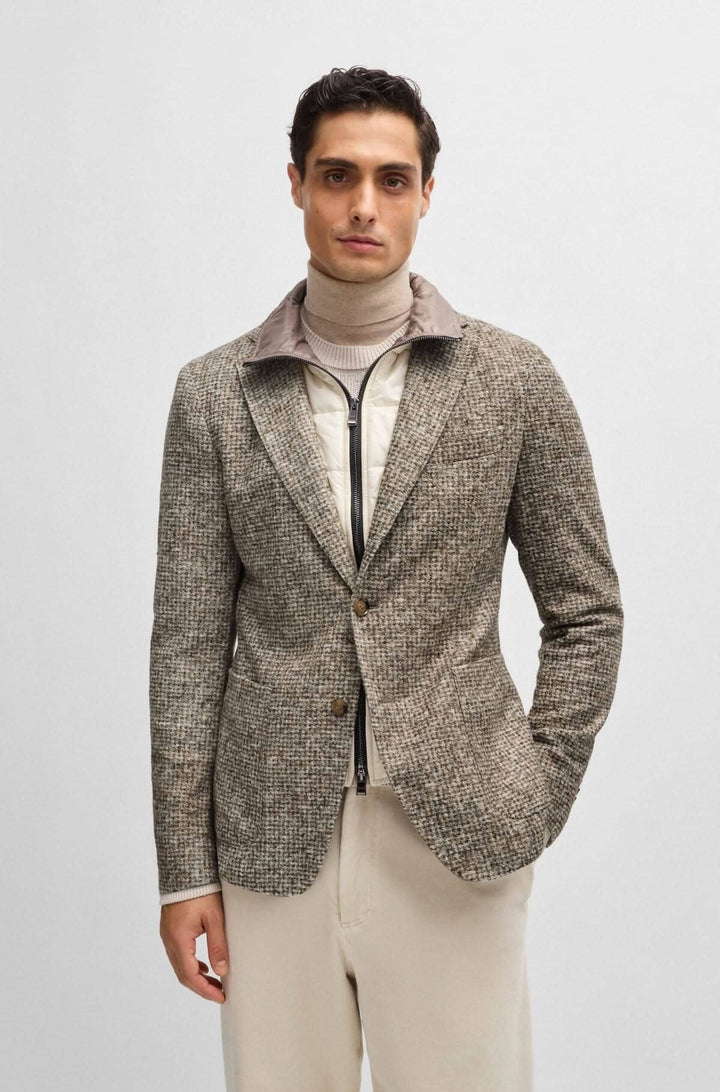 Veston texturé avec encolure amovible, en jersey mélangé pour une coupe élégante et moderne.