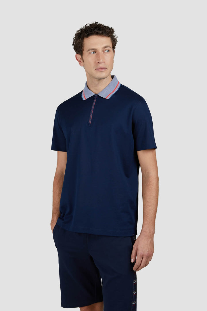 Cotton polo shirt with contrasting collar and zip fastening