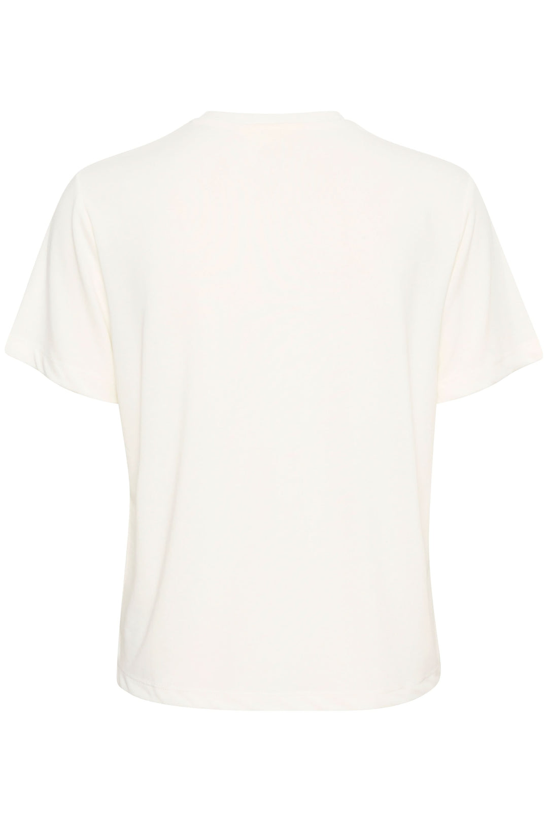 Vue arrière du T-shirt col en V Liliana en tissu doux avec manches courtes et coupe droite, couleur crème. Confort quotidien.