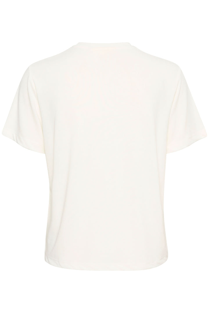 Vue arrière du T-shirt col en V Liliana en tissu doux avec manches courtes et coupe droite, couleur crème. Confort quotidien.