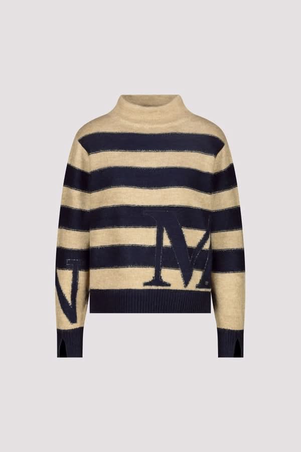 Chandail à rayures avec col montant, maille douce, rayures larges contrastées, détails jacquard graphiques, élégant et moderne.
