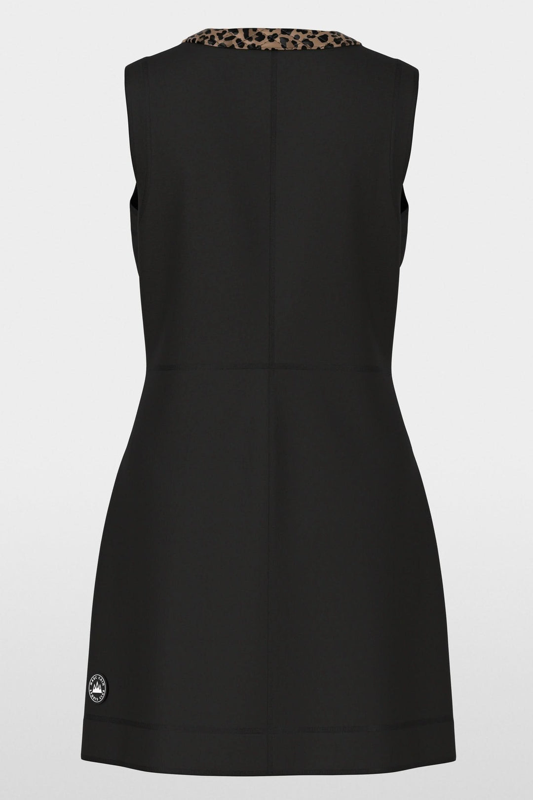 Robe sans manches chic avec motif léopard au col, coupe légèrement évasée pour une silhouette élégante et moderne.