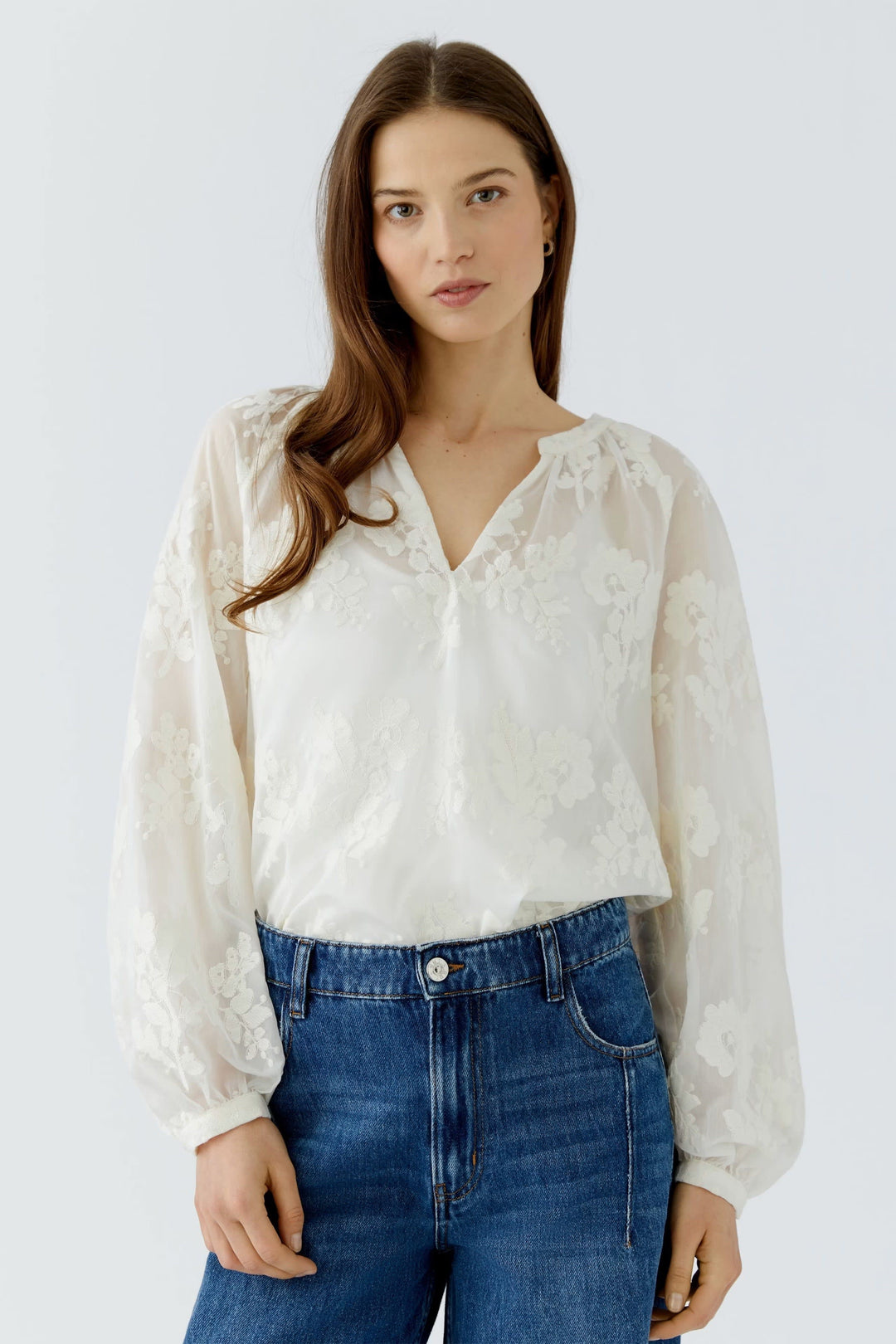 Vue avant blouse à broderies florales Oui blanc femme - Valérie Simon