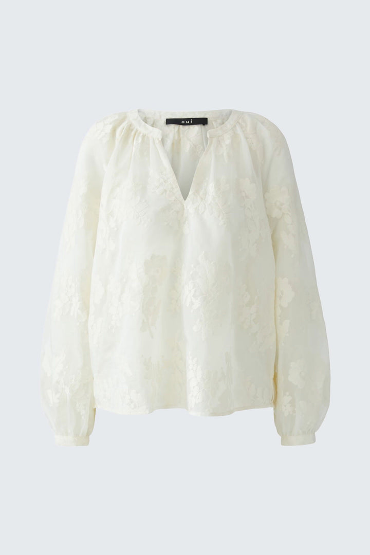 Vue de face blouse à broderies florales rouges Oui pour femme avec dentelle - Valérie Simon