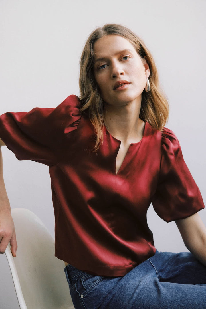 Dunja satin blouse with puff sleeves, front view, for women by Part Two