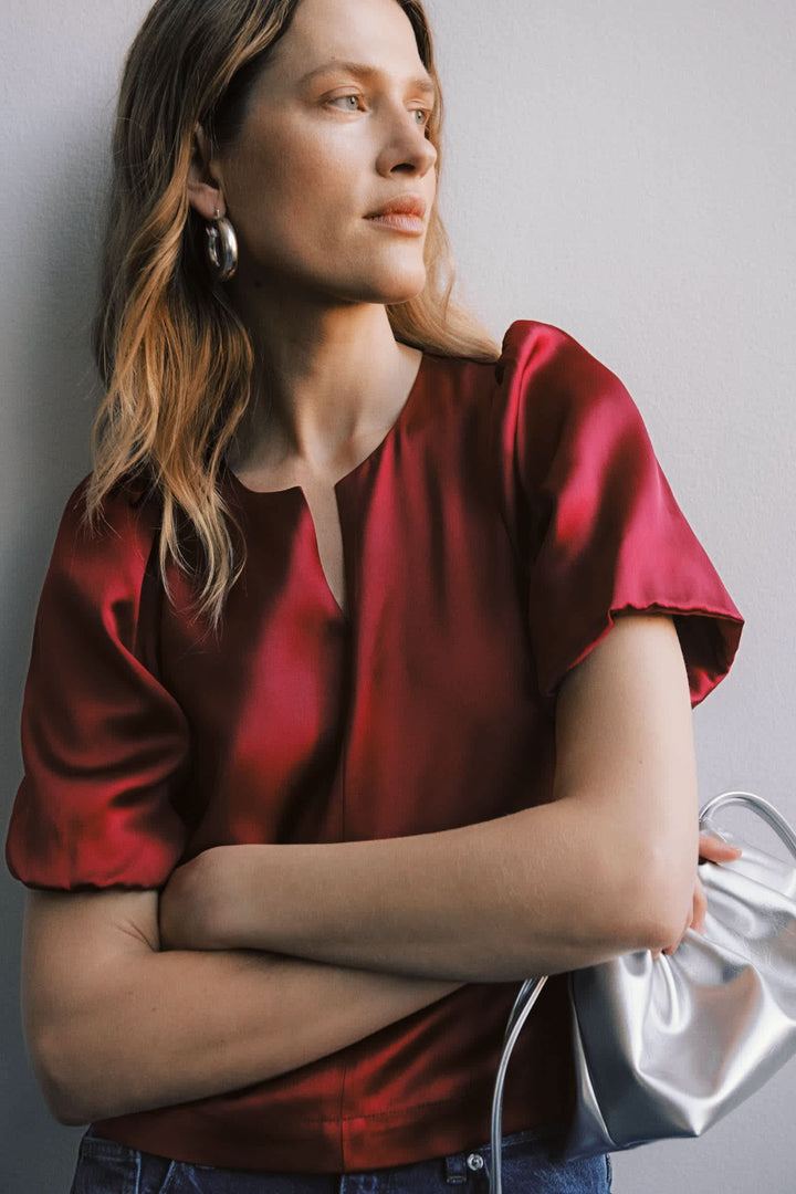 Dunja satin blouse with puff sleeves, front view, for women by Part Two