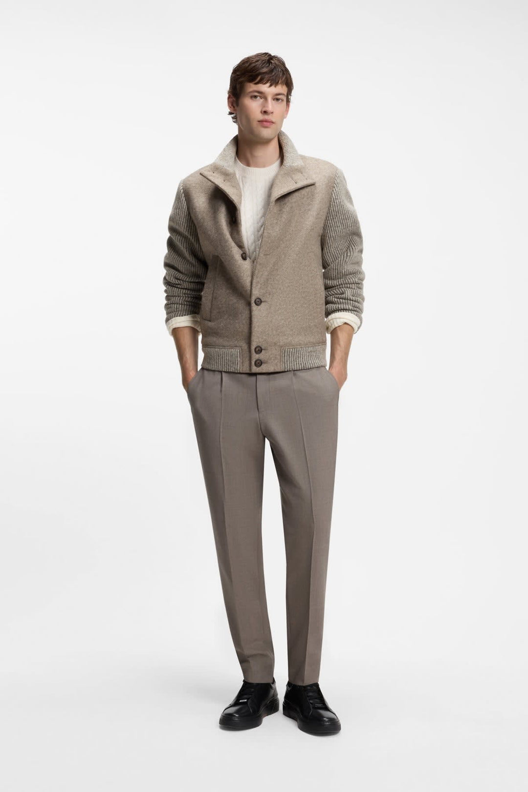 Black hybrid stand-collar jacket front view for men Hugo Boss