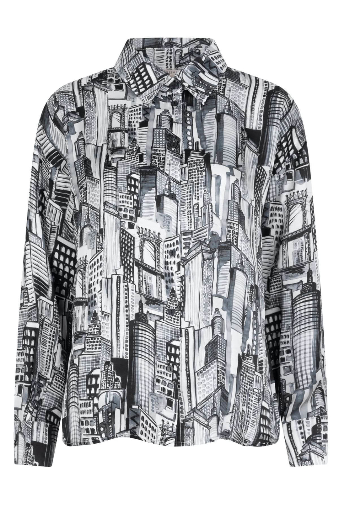 Chemise à imprimé urbain en noir et blanc, col chemise, coupe ample et fluide.