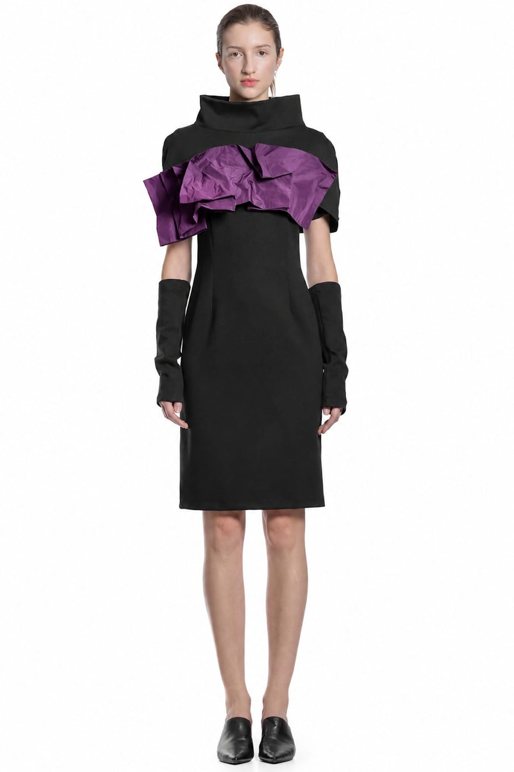 Women's black Xenia short cape with stand-up collar and sculptural ruffles, front view