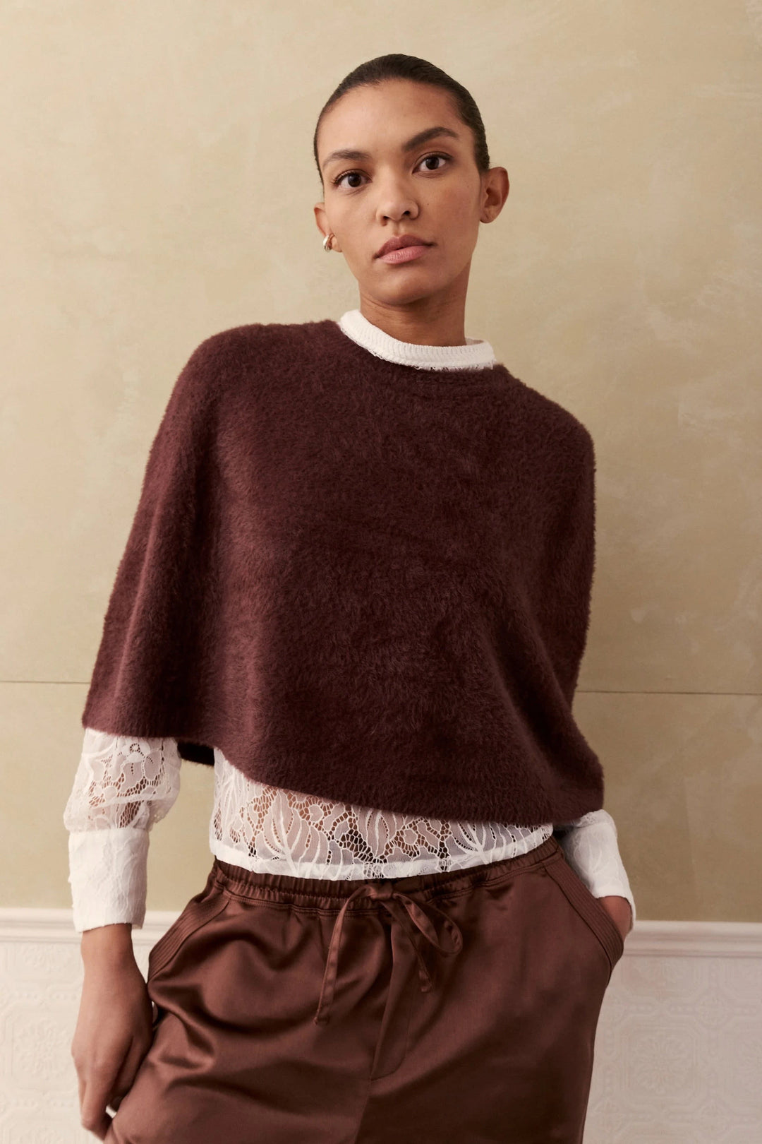 Melissa Nepton Otto Cape in fluffy knit with short sleeves, front view, for women