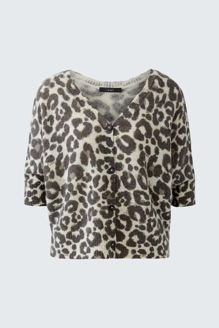 Vue de face cardigan léopard pour femme avec motif unique beige et marron - Valérie Simon