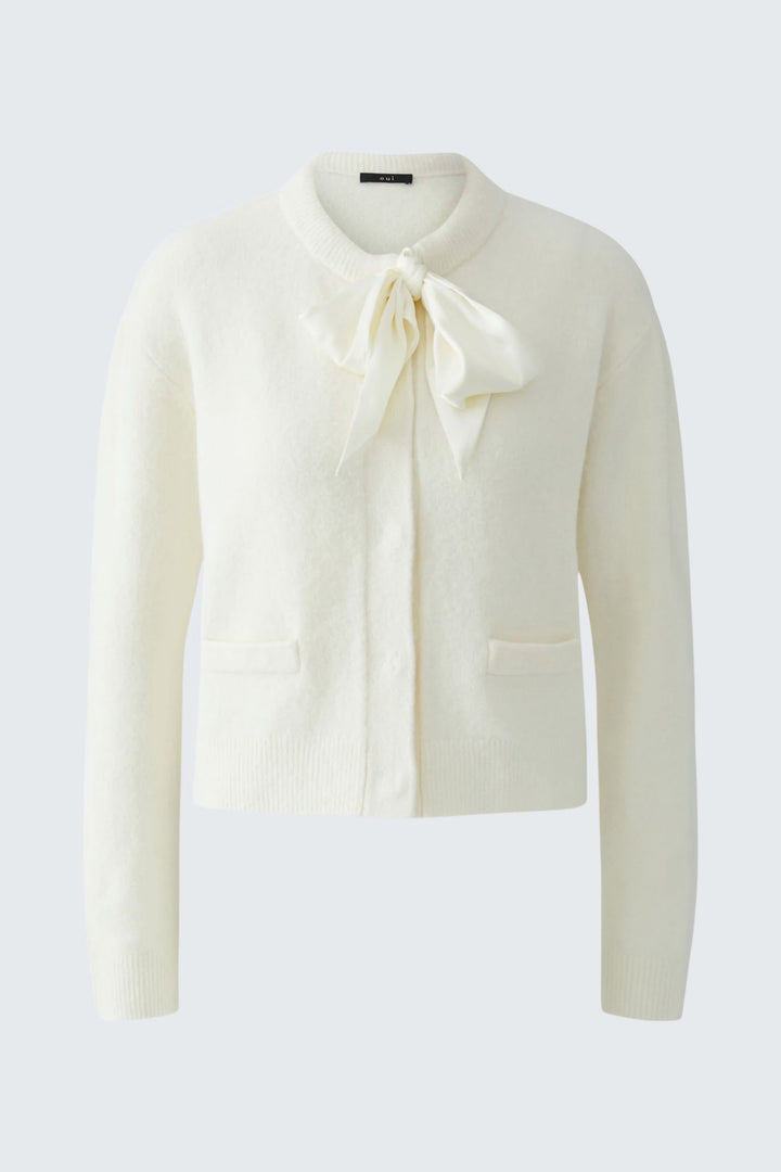 Vue de face cardigan avec nœud Oui pour femme beige - Valérie Simon