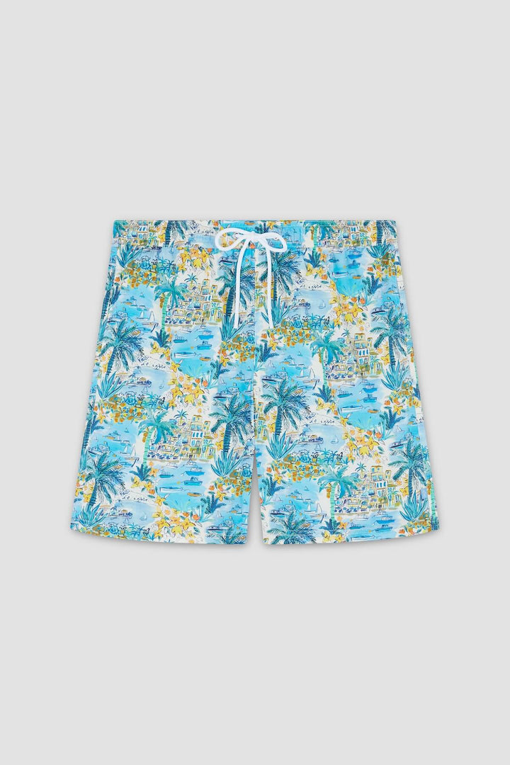 Blue and yellow tropical print swimsuit