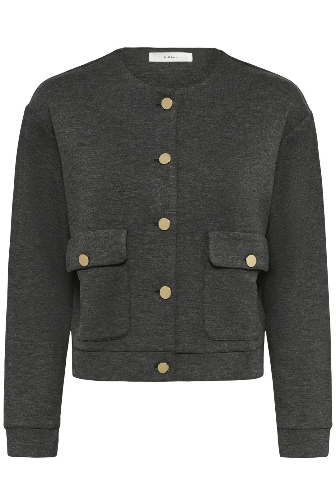 Veste Gida courte grise avec poches plaquées et boutons dorés, moderne et pratique.