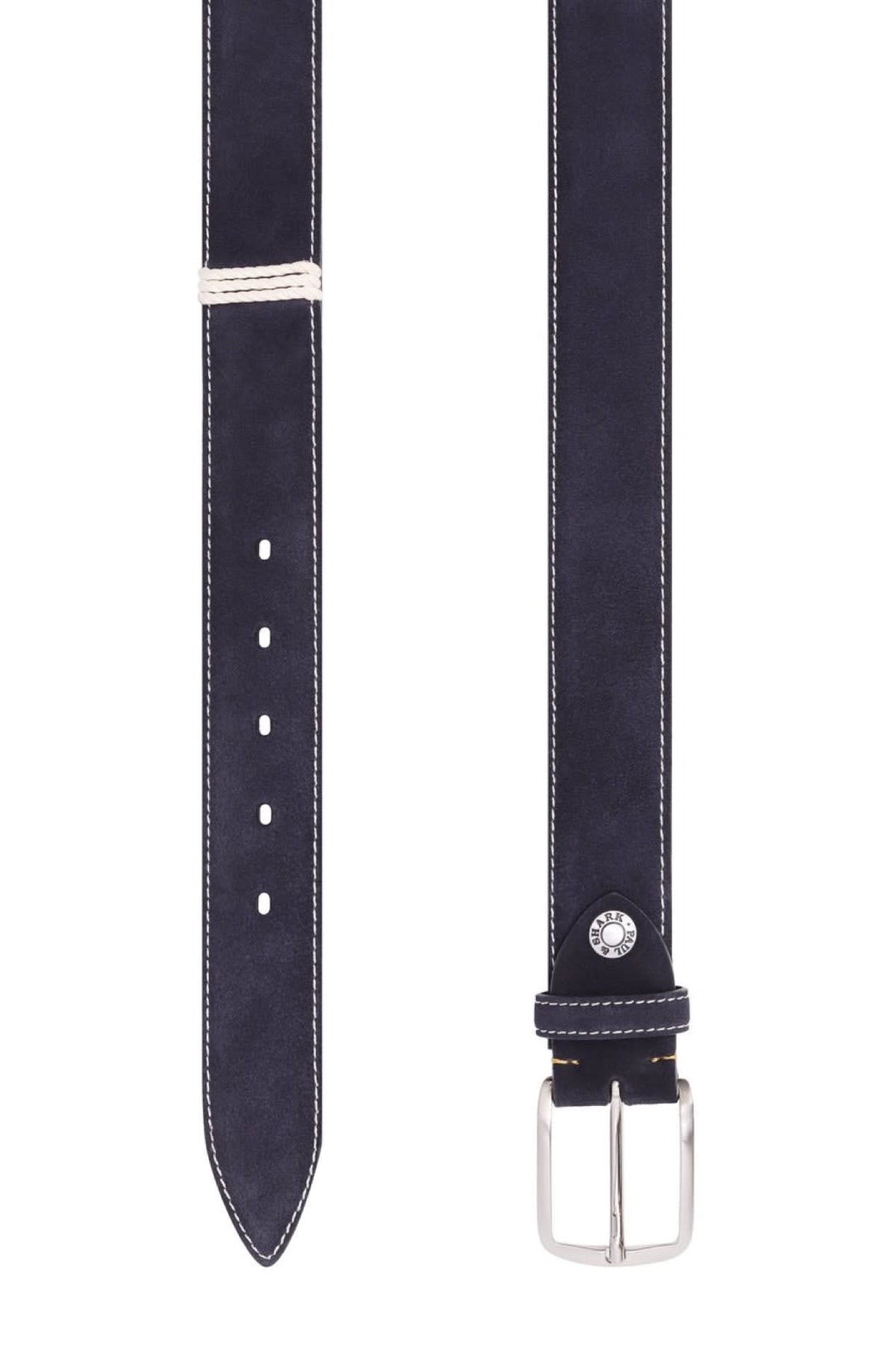 Side view of a dark brown suede leather belt by Paul and Shark with a silver buckle - Valérie Simon