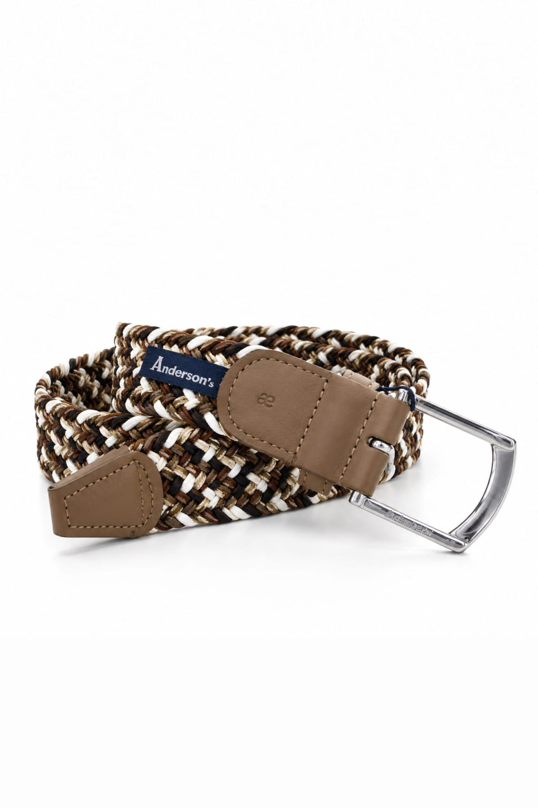 Ceinture tressée extensible vue de détail marron avec boucle argentée pour homme Anderson&