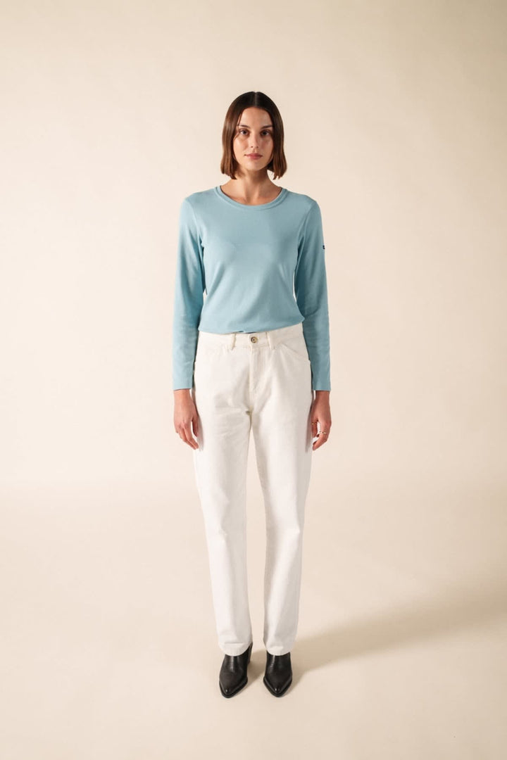 Vue de face chandail CELINA U Saint James pour femme blanc rayures bleues Valérie Simon