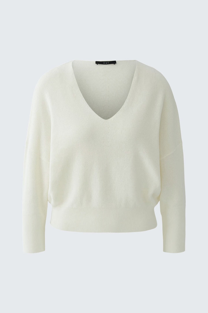 Vue de face chandail col V Oui femme beige doux - Valérie Simon