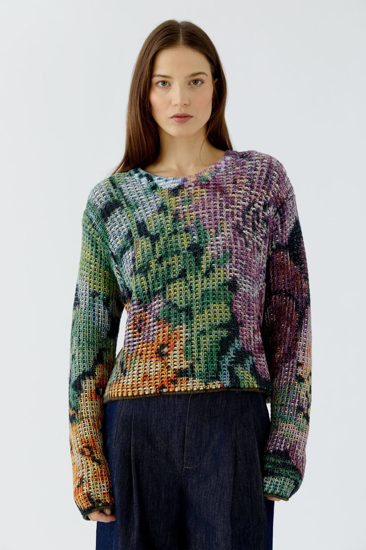 Vue latérale chandail multicolore ajouré Oui pour femme avec détails tricot Valérie Simon