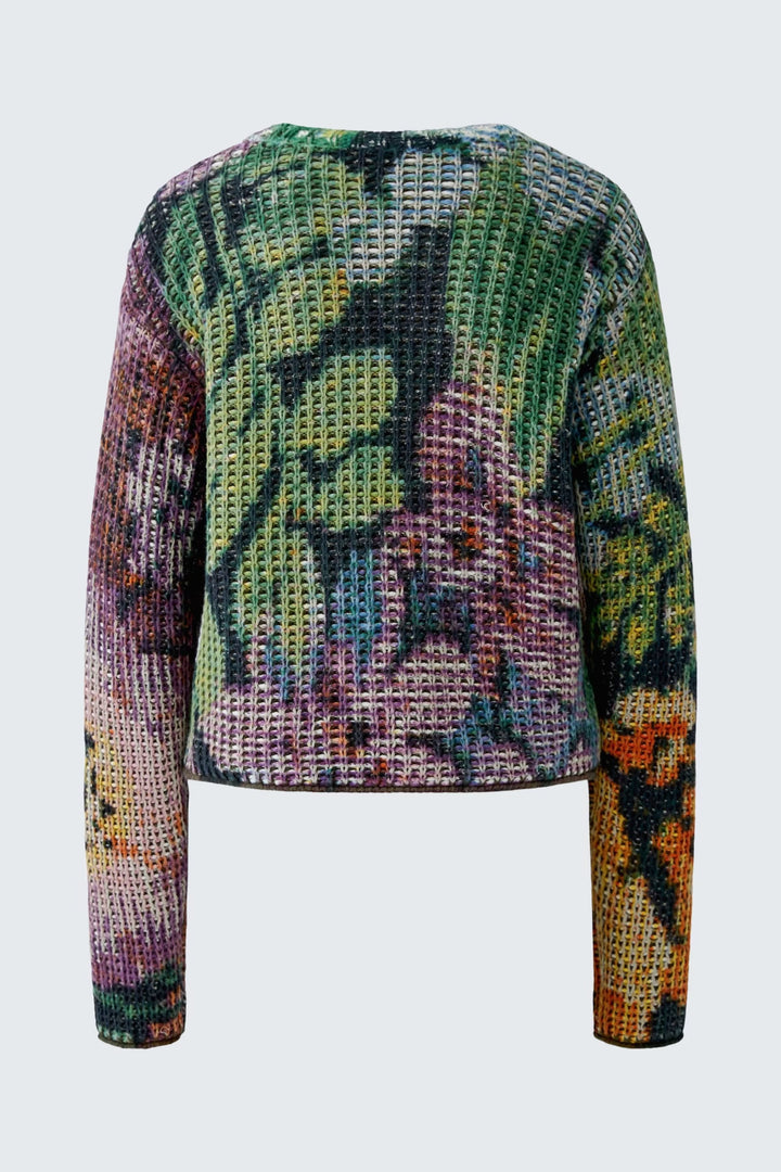 Vue de face chandail en maille ajourée multicolore avec motif unique pour femme - Valérie Simon