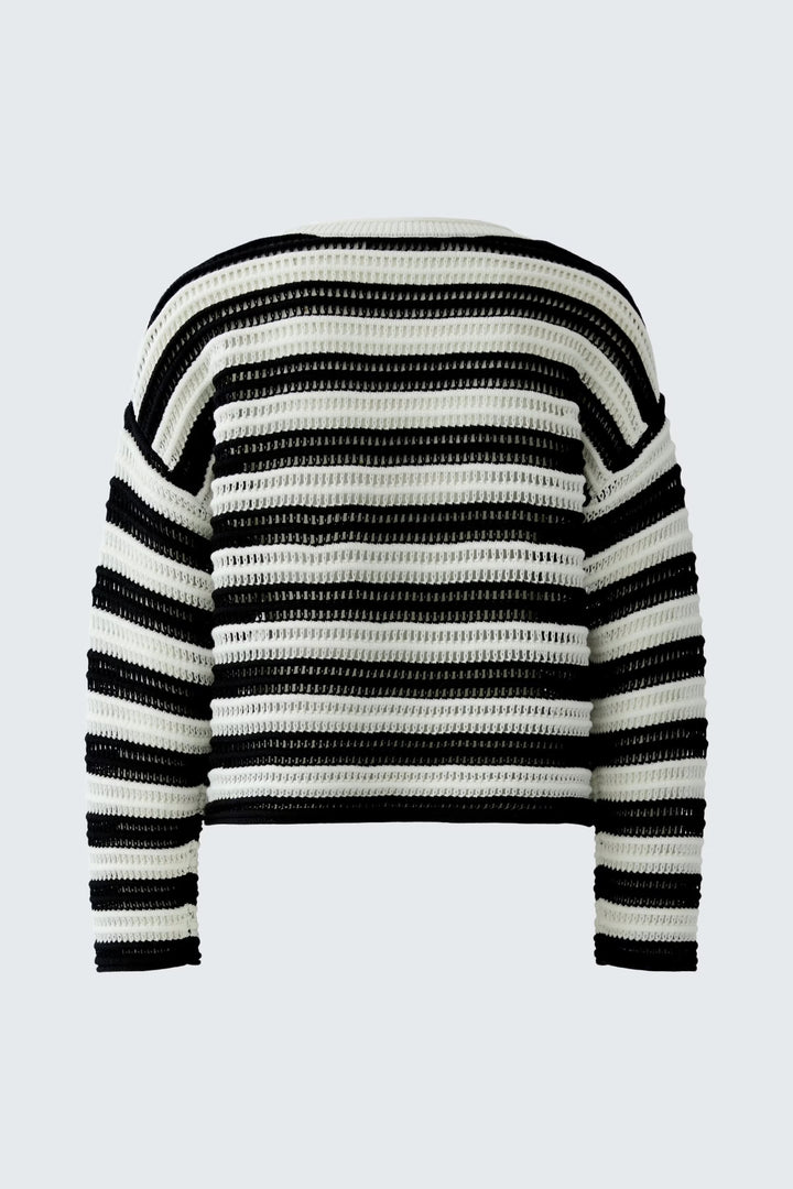Side view of a multicolored openwork striped knit sweater for women - Valérie Simon