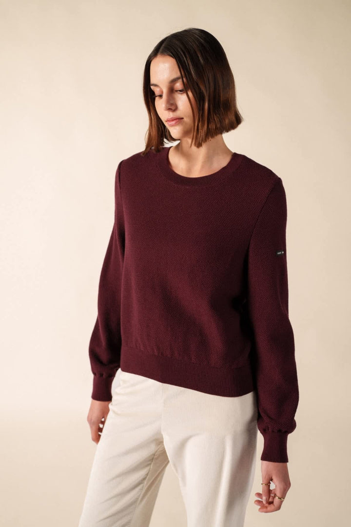 Vue de face chandail tricot bleu marine avec rayures blanches Saint James pour femme - Valérie Simon
