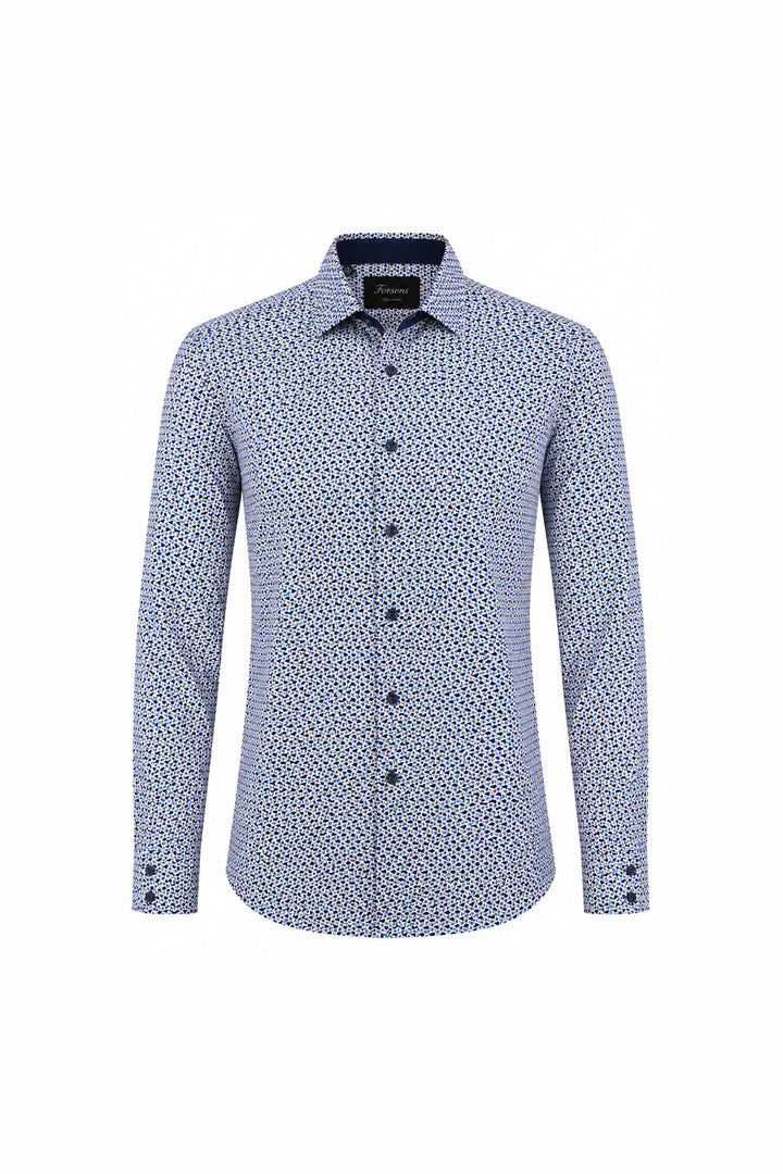 Vue de face chemise à motif géométrique Lief Horsens homme bleu avec poches - Valérie Simon
