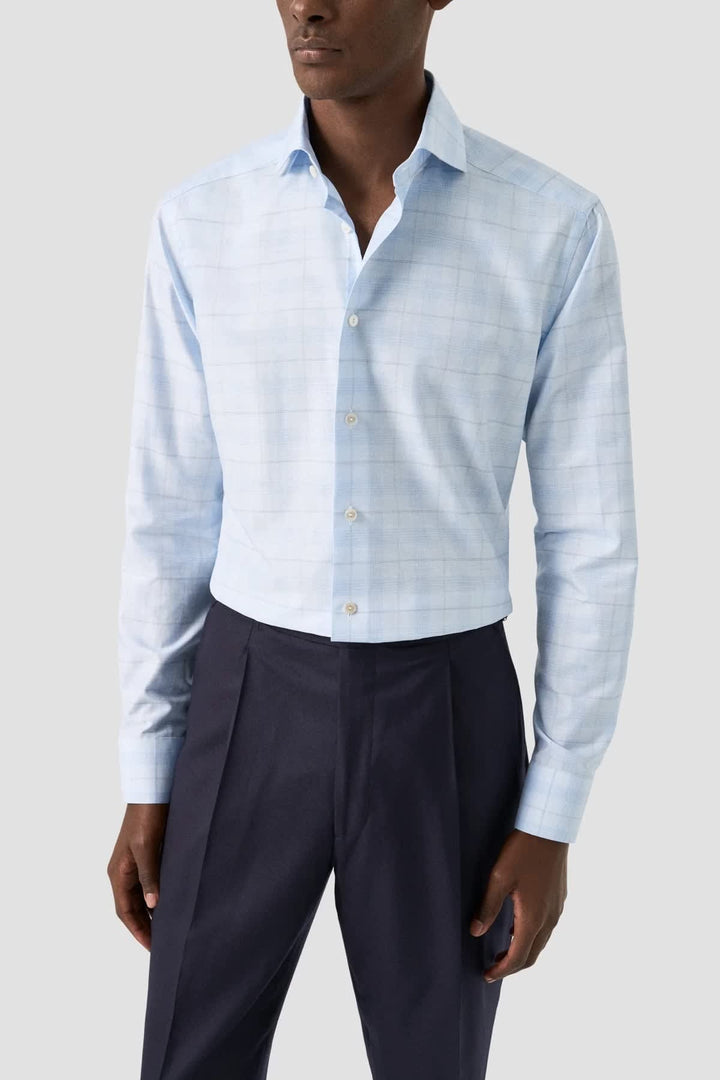 Front view of a subtle blue Eton check shirt for men, classic collar, slim fit - Valérie Simon