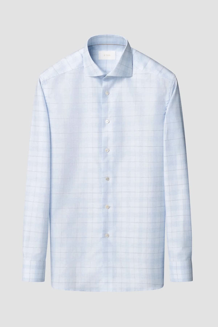 Front view of a subtle blue Eton checkered shirt for men - Valérie Simon