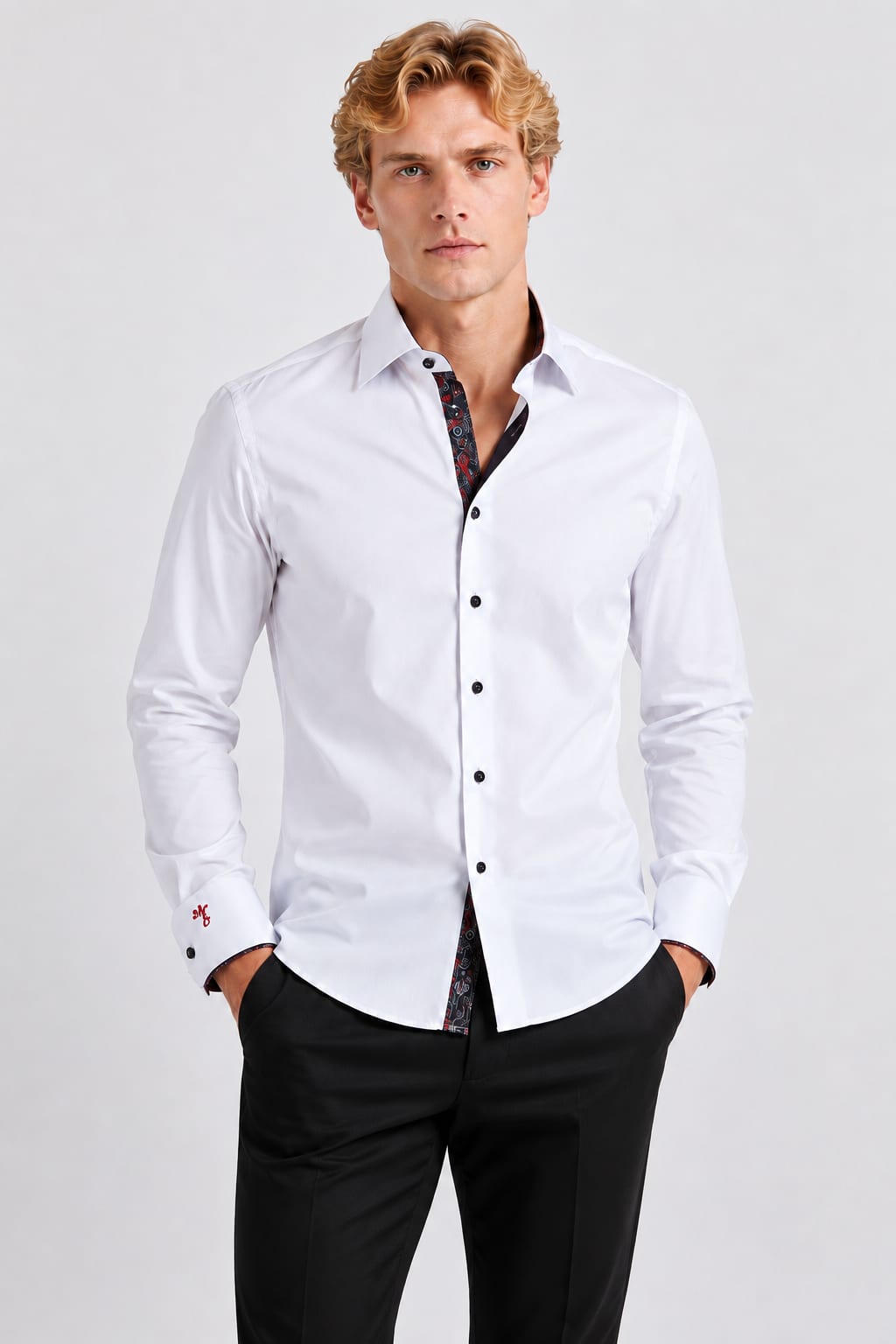 Front view of the MR.SMITH men's black contrast shirt with white buttons - Valérie Simon