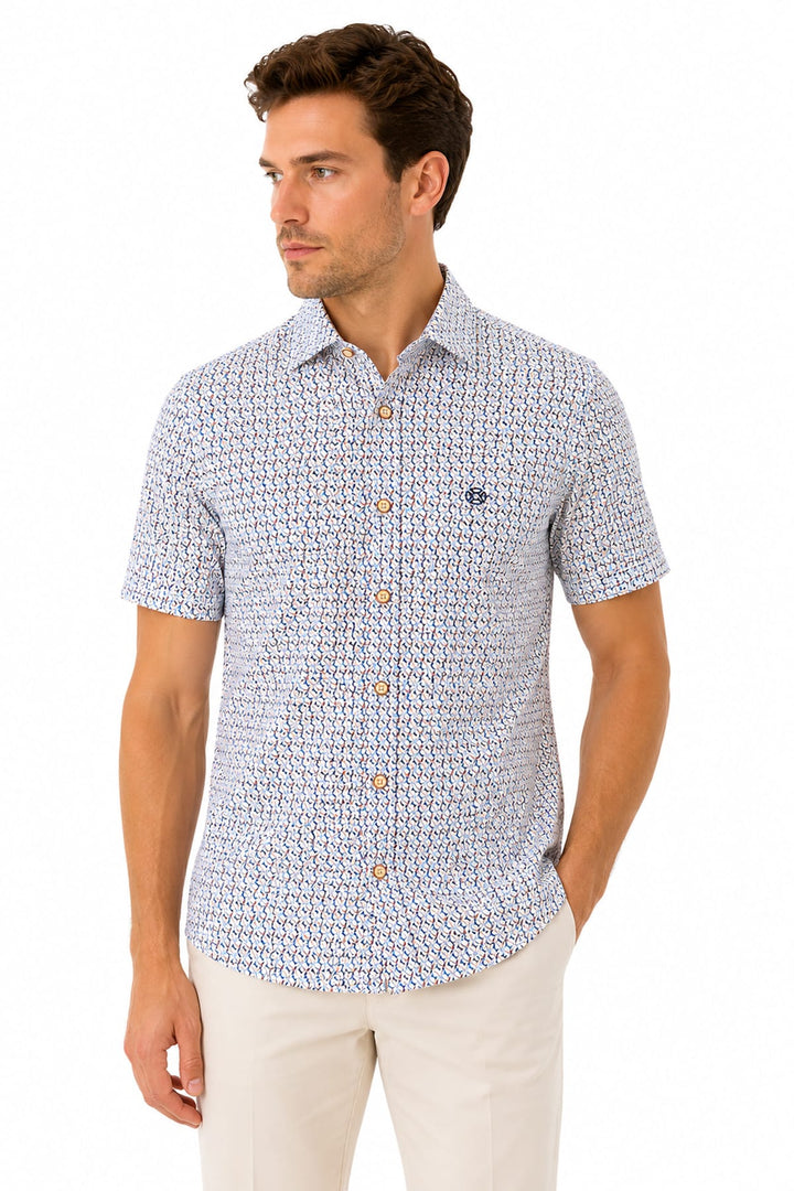 Vue de face chemise à motifs Fellows United pour homme beige - Valérie Simon