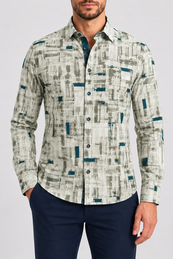 Vue de face chemise sport abstraite multicolore avec Bouton contrastant Au noir pour homme - Valérie Simon