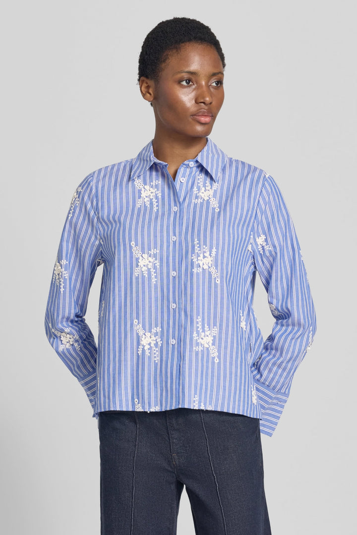 Brax women’s striped shirt with floral embroidery, front view