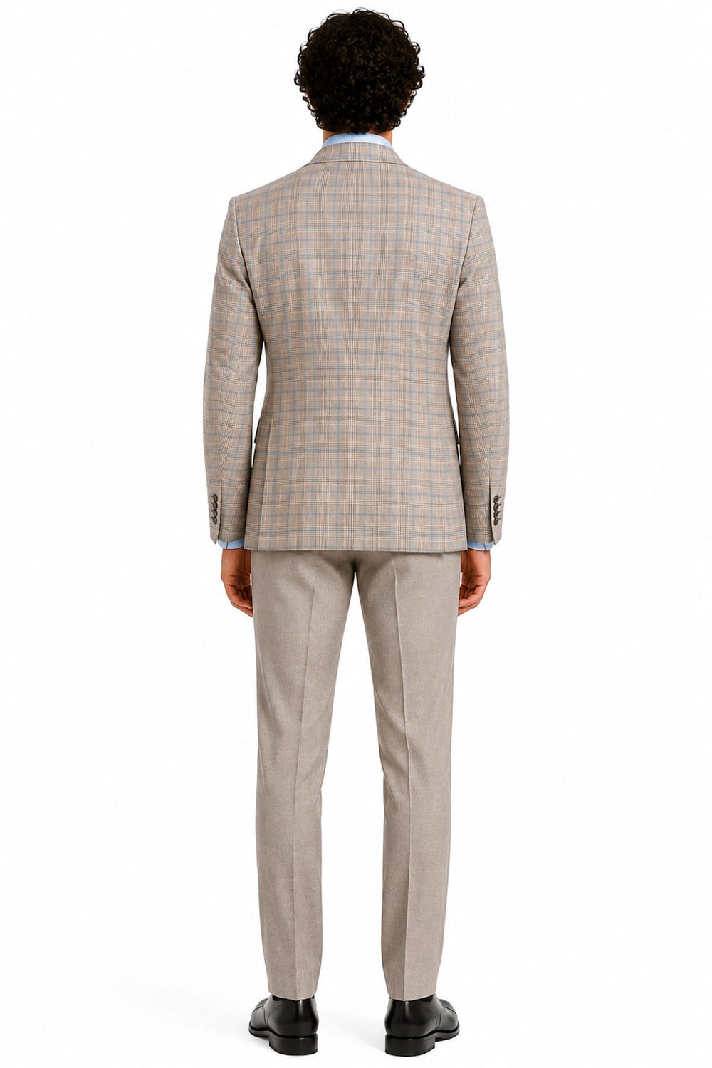 Full-length side view of a beige and gray men's checkered shirt with black buttons - Valérie Simon