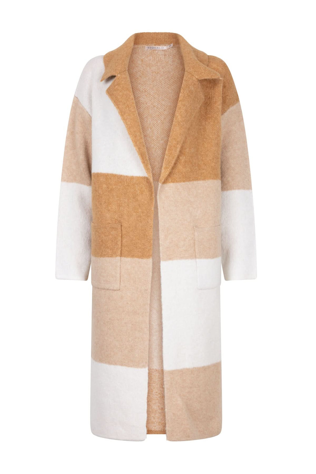 Manteau long à rayures horizontales en tons beige et blanc, avec col à revers et texture moelleuse.